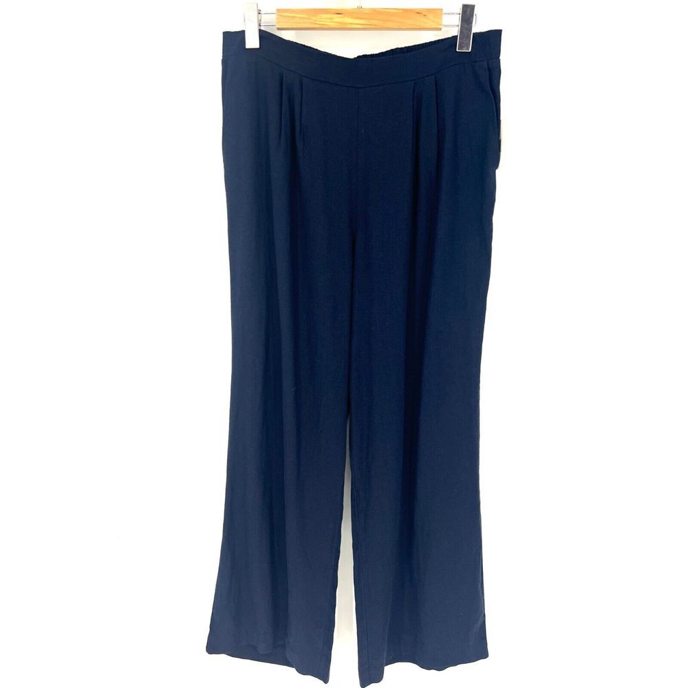 ELLEN TRACY Pants Womens Size L Linen Wide Leg High Waisted Navy Pull On NWT